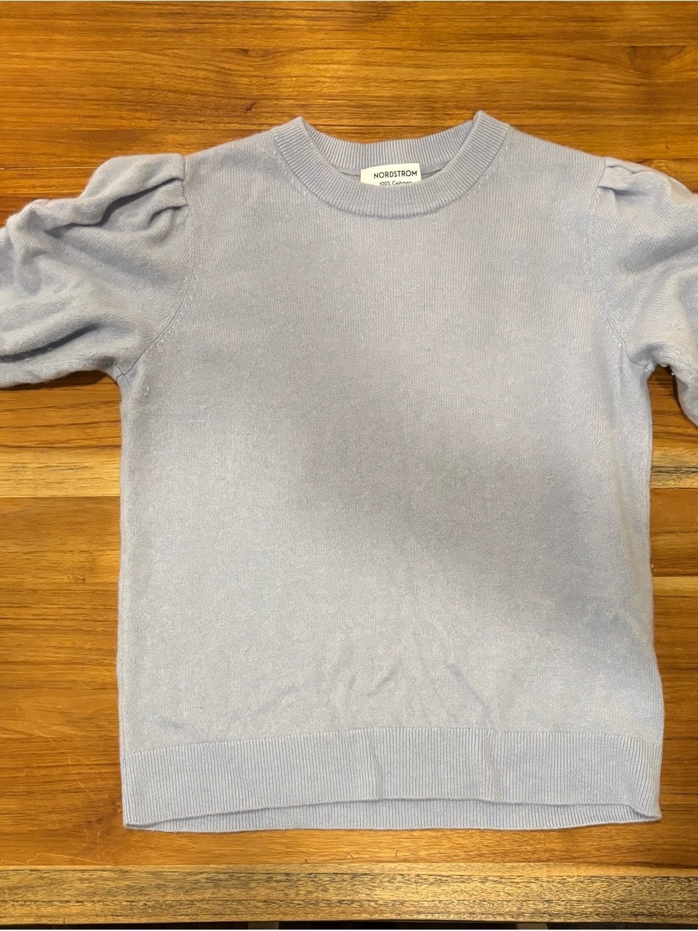 Nordstrom Cashmere Light Blue Puff-Sleeve Crewneck Sweater